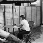 Anthony Kiedis black & white at picnic table