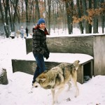 Anthony Kiedis with a wolf in the snow at the wolf reserve