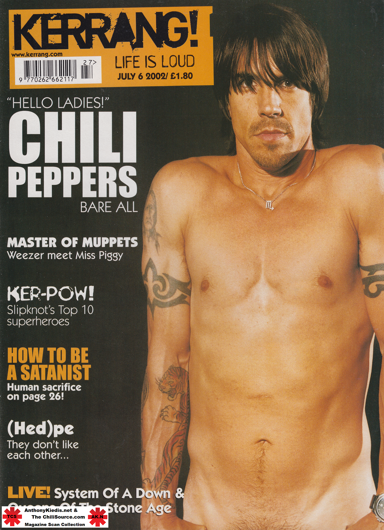 Anthony Kiedis on cover Kerrang! magazine Red Hot Chili Peppers. 